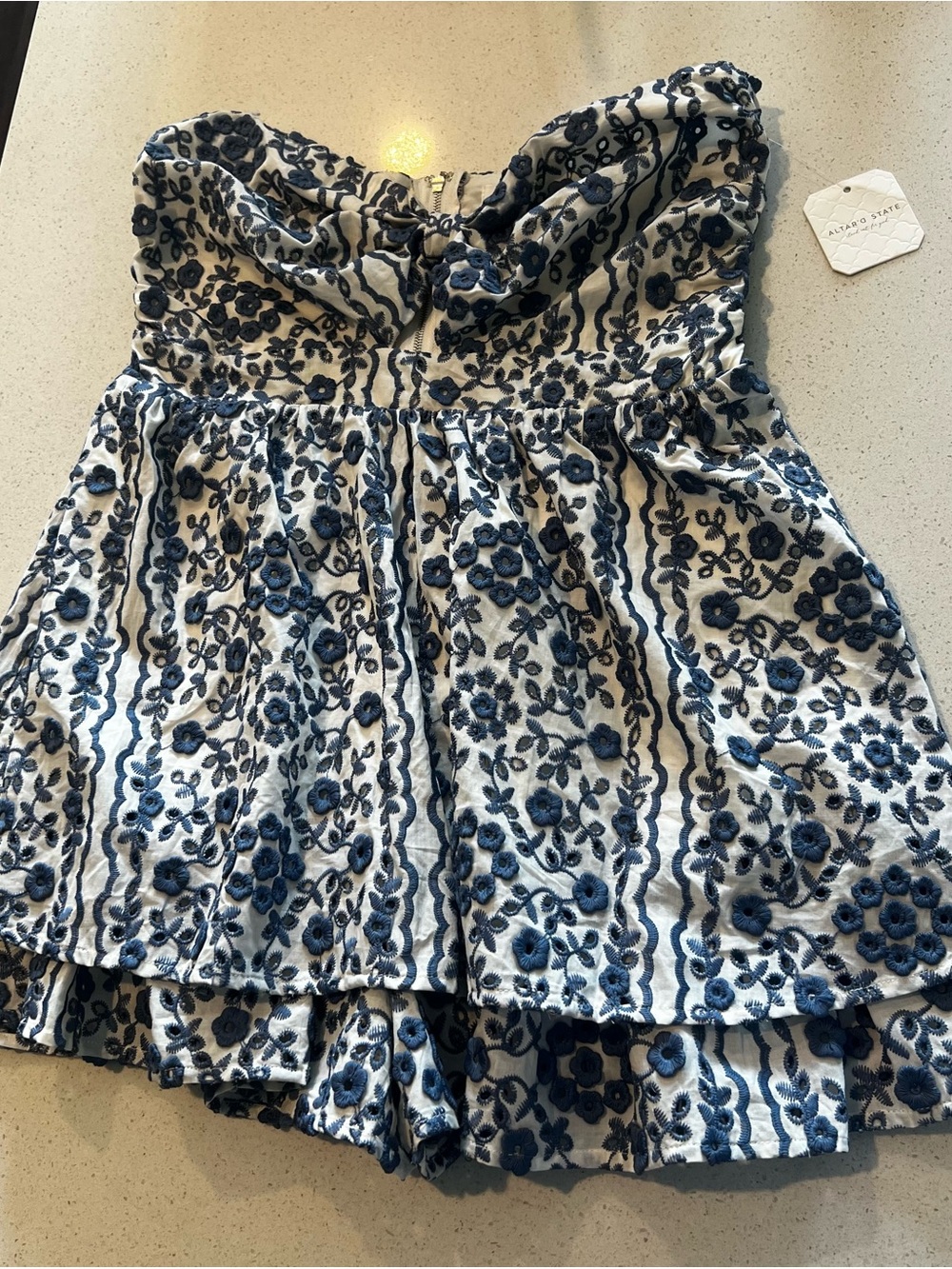 Women’s Strapless Navy & White Floral Tiered Dress